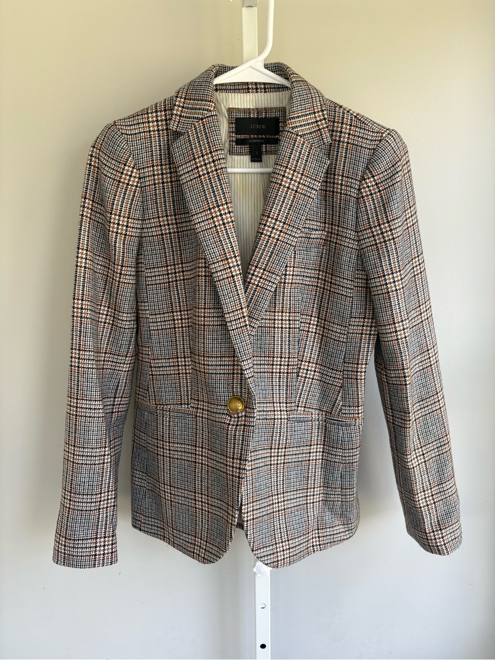 J.Crew Campbell Plaid Blazer Wool Blend Beige Black Gold Button Size 2